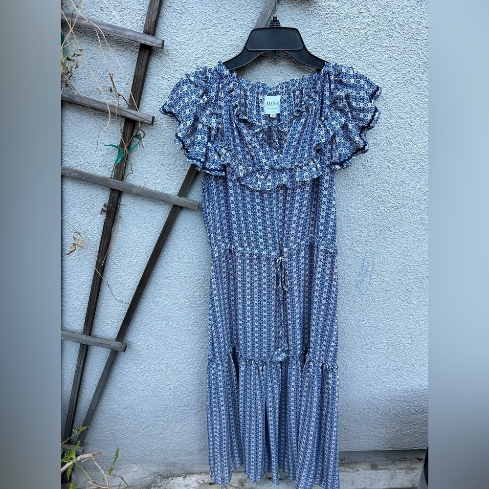 MISA Los Angeles Melissa Dress Blue Geometric Printed Chiffon Ruffled - Picture 4 of 7